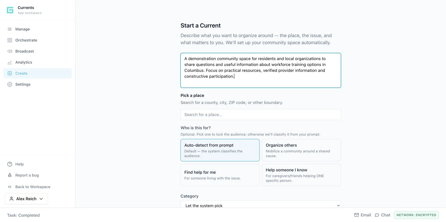 Currents in the Genara demo workspace