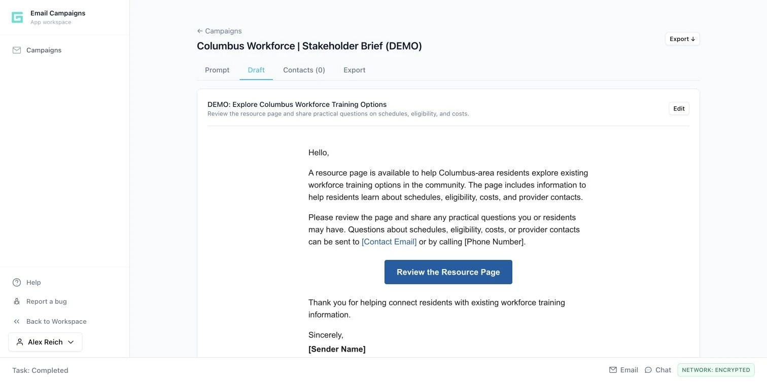 Email Campaigns in the Genara demo workspace