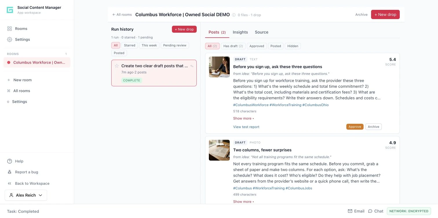 Social content drafts prepared for review in Genara